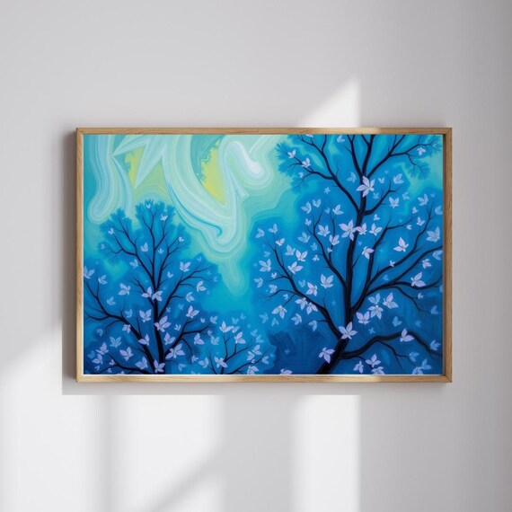 Butterflies Around Blossom Trees Teal Night Sky Nature Art Poster