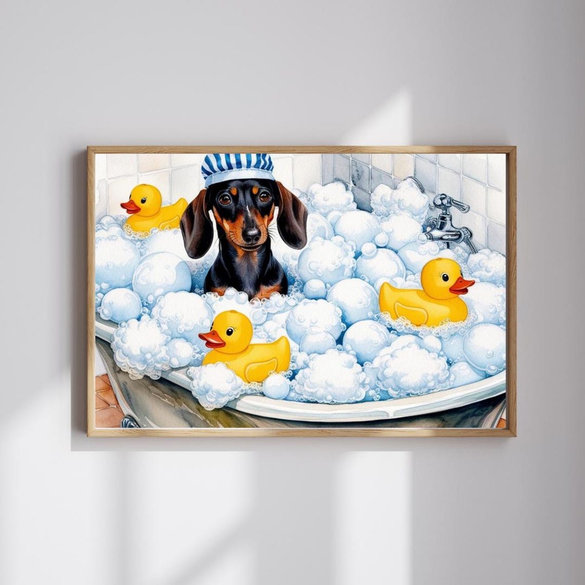 Cute Dachshund Bubble Bath With Rubber Ducks Funny Dog Poster
