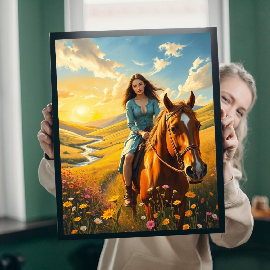 Woman Riding Horse Through Wildflower Meadow Sunset Art Poster