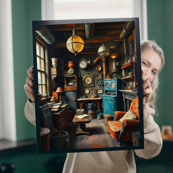 Steampunk Home Office Puzzle, Cozy Family Night Art Print