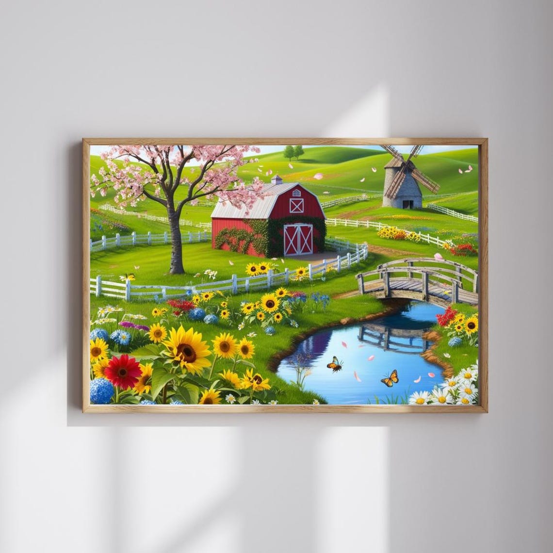 Spring Farm Red Barn Windmill Sunflowers Pond Bridge Puzzle Poster