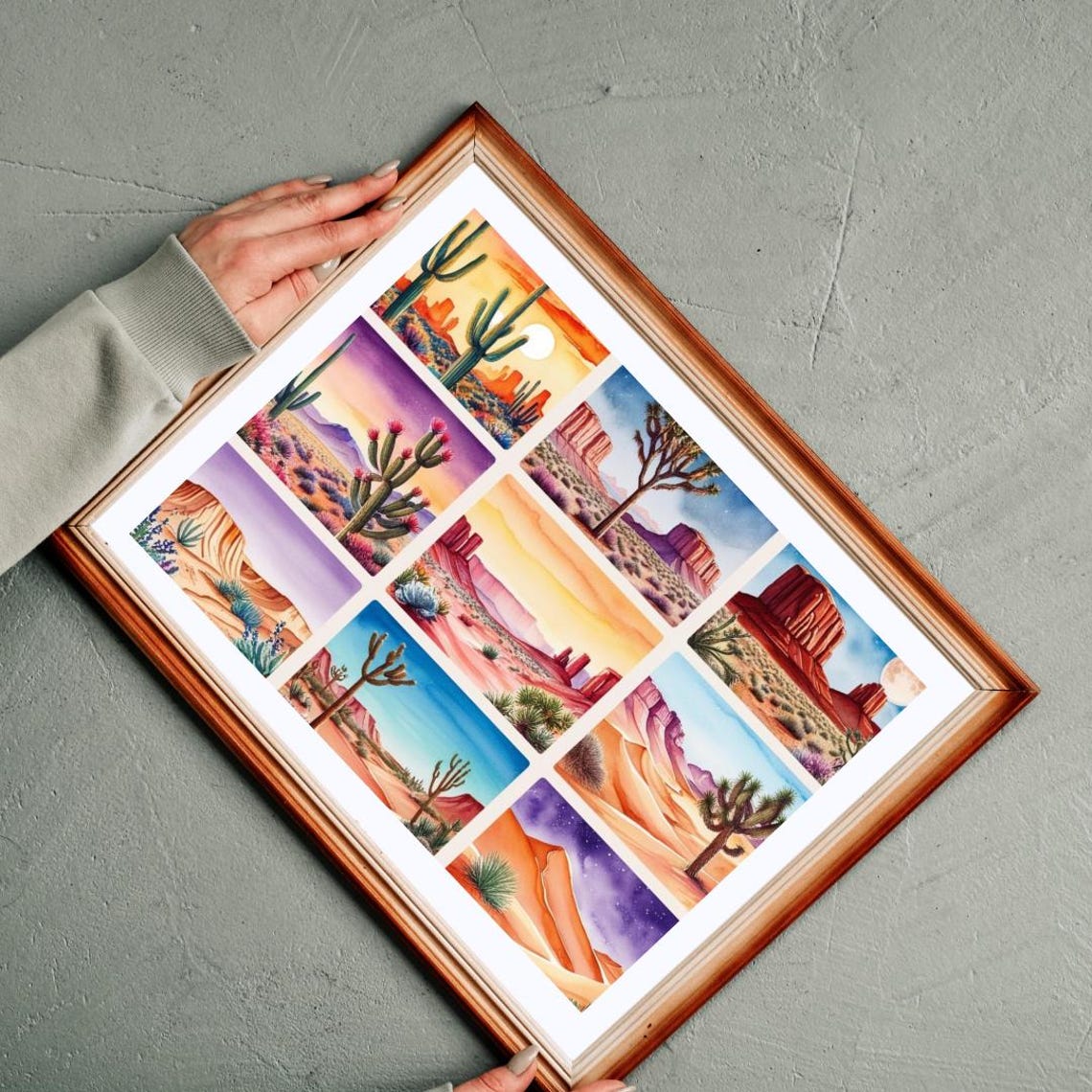 Watercolor Desert Collage Nine Cactus And Mesa Panel Art Poster