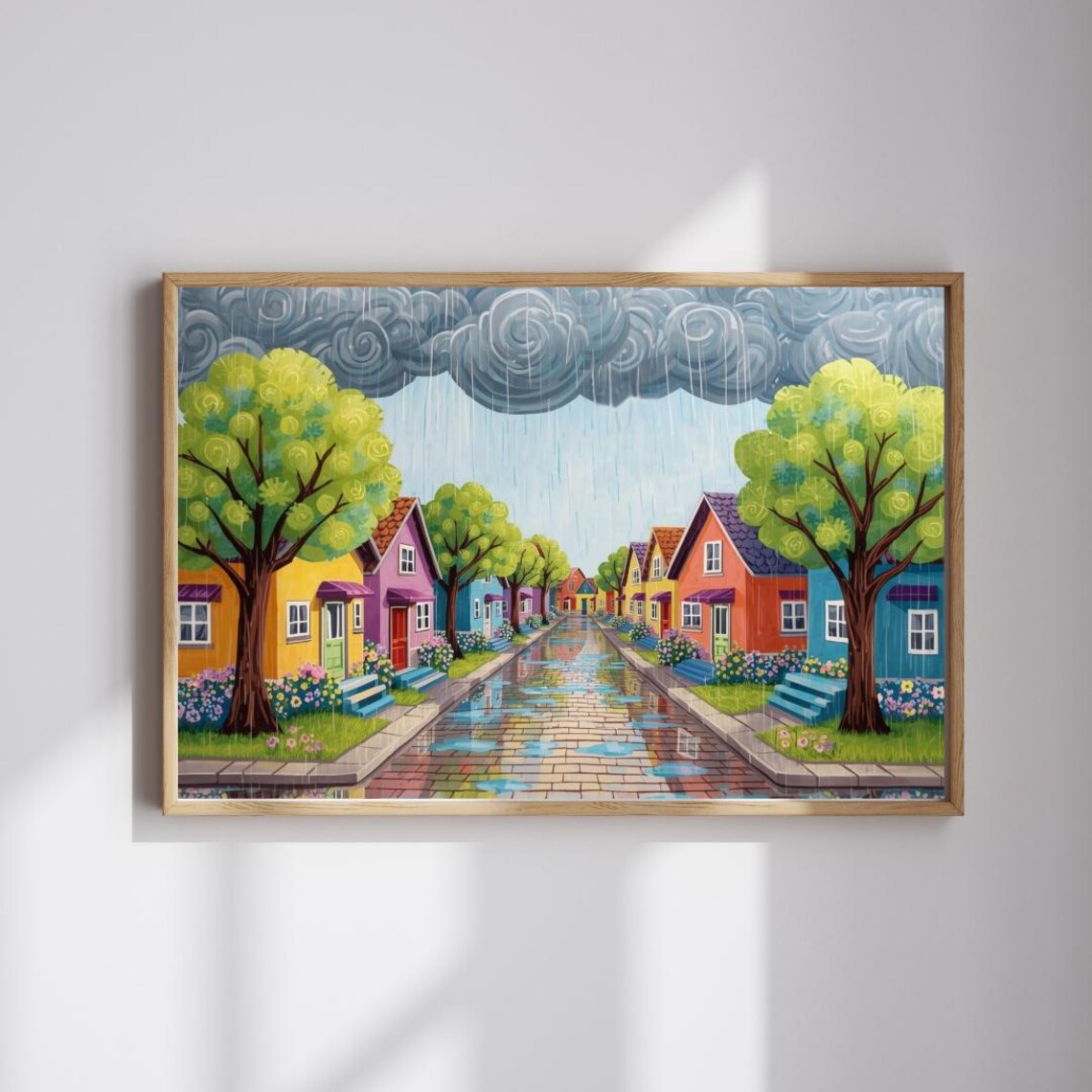 Rainy Cobblestone Street Colorful Houses Storm Clouds Whimsy Art Poster