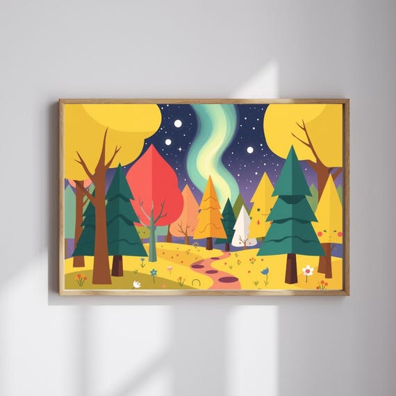 Magical Forest Jigsaw Puzzle Abstract Geometric Trees Aurora Sky