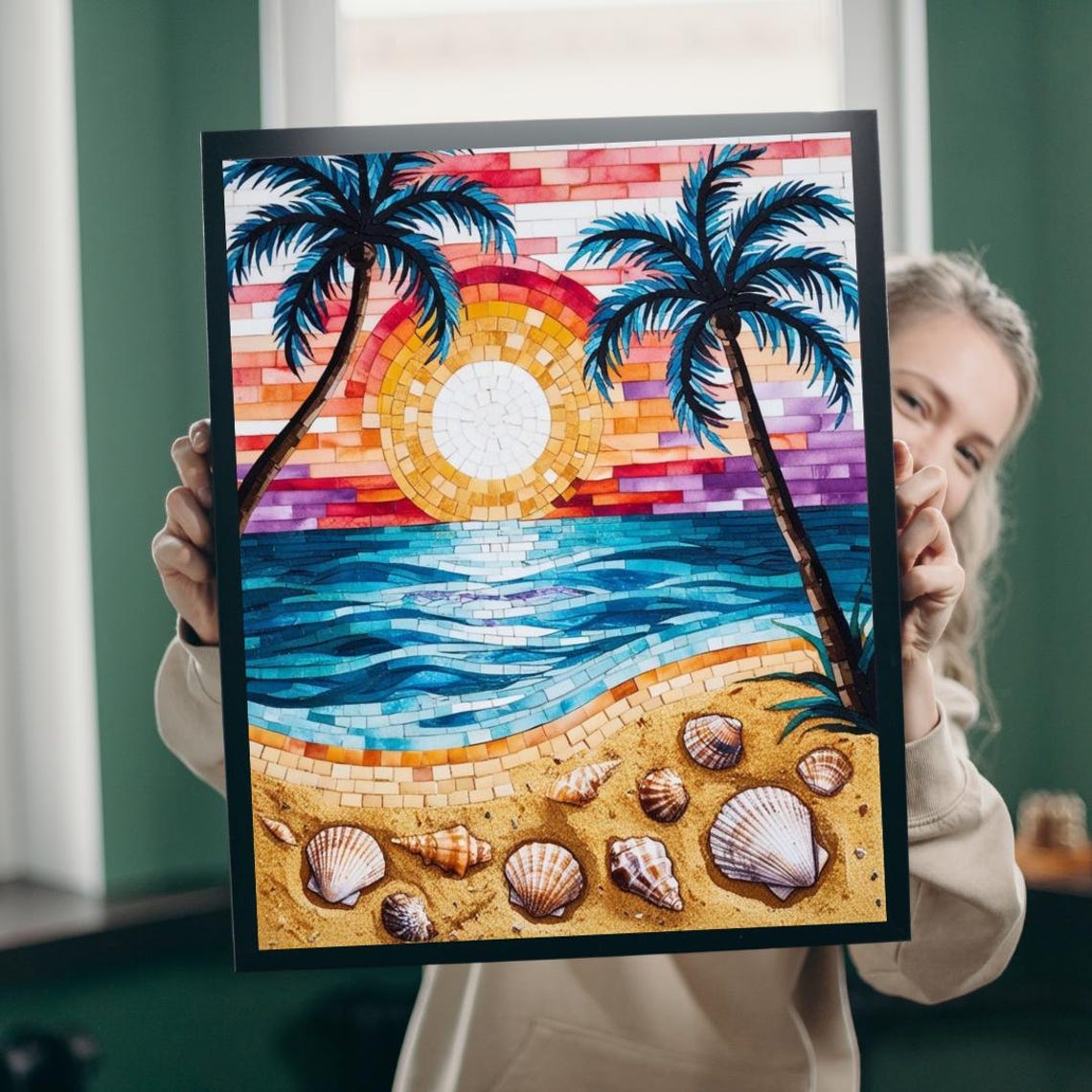 Mosaic Tropical Beach Sunset Art Palm Trees Seashells Coastal Wall Art