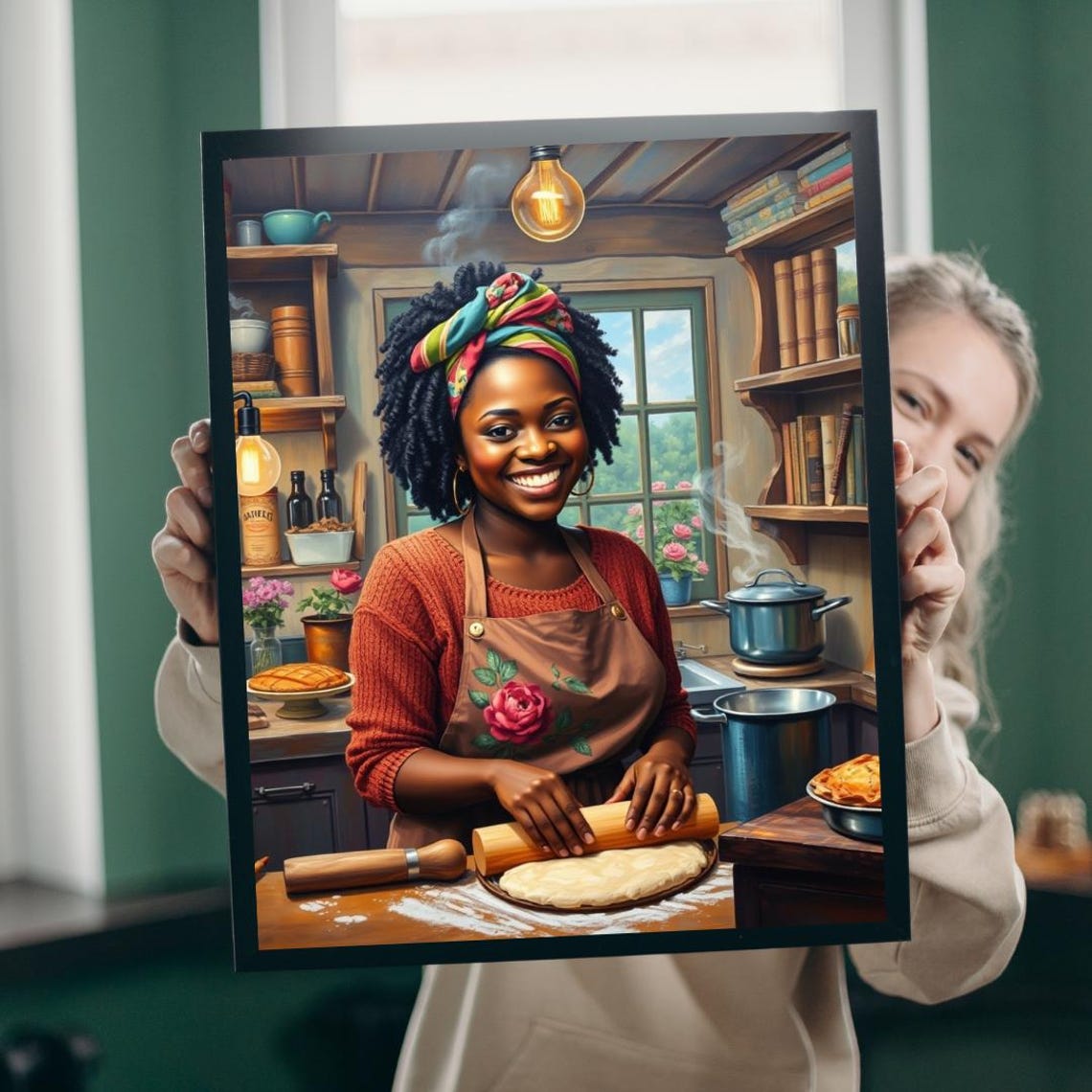 Smiling Woman Baking in Cozy Rustic Kitchen Rolling Dough Wall Art