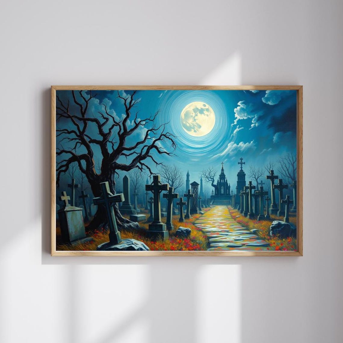 Full Moon Over Moonlit Cemetery With Chapel Gothic Gallery Poster