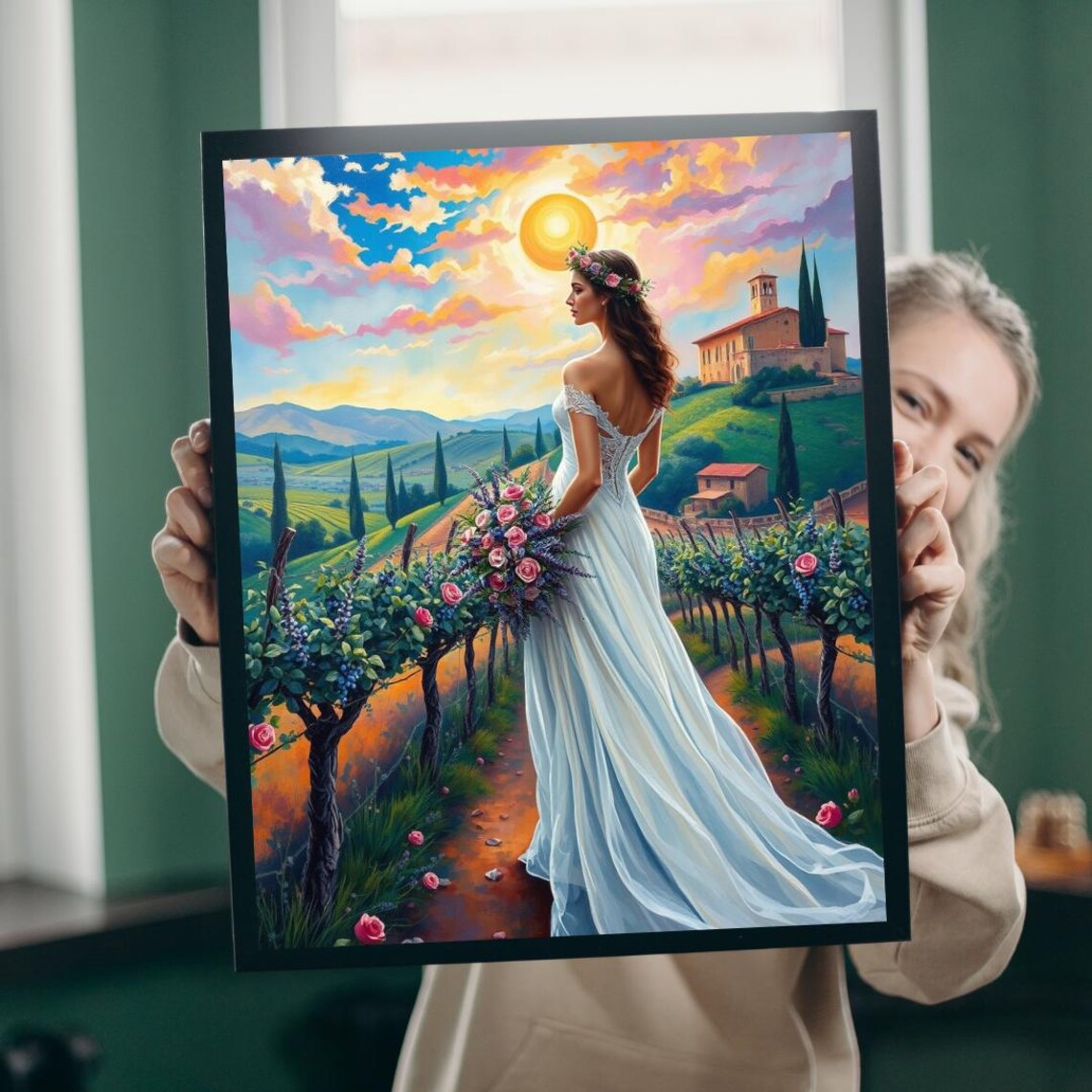 Italian Bride In White Gown With Rose Bouquet In Vineyard At Sunset Poster