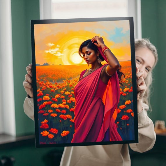 South Asian Woman, Marigold Field Sunset Meditation