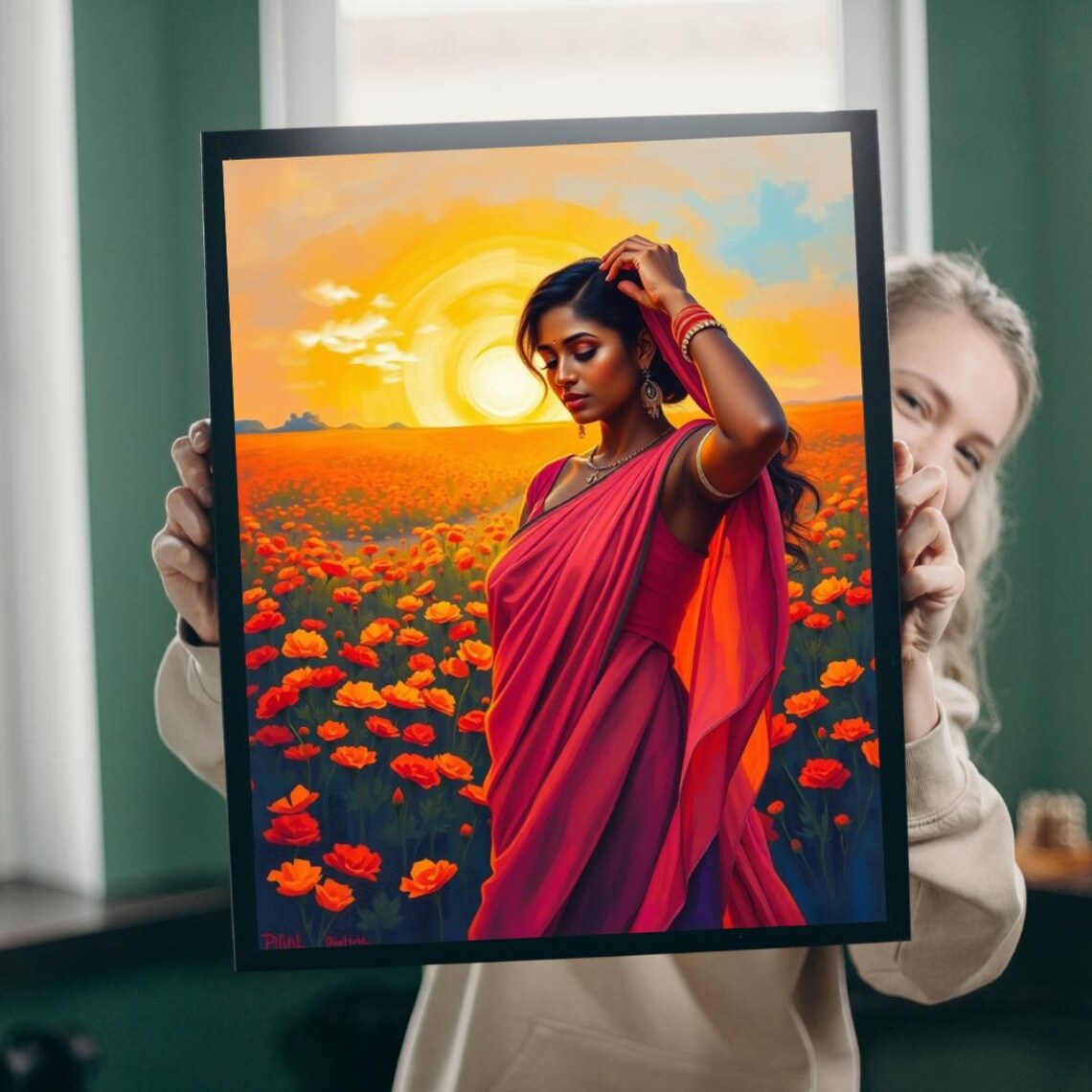 South Asian Woman, Marigold Field Sunset Meditation