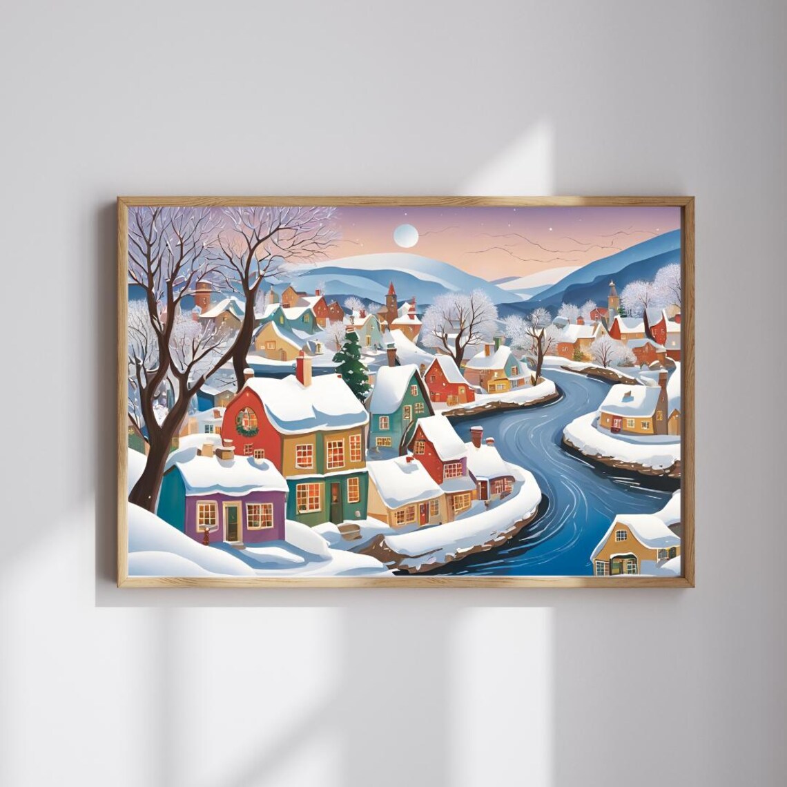 Snowy Winter Village Riverside Cozy Folk Art Holiday Scene Poster