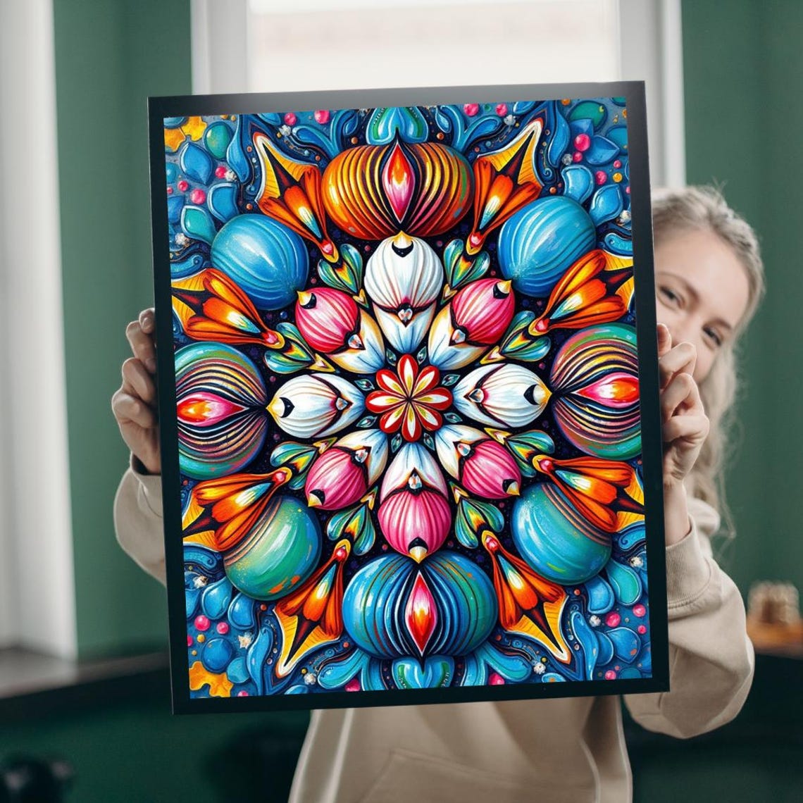 Vibrant Psychedelic Mandala Symmetric Flower Art Wall Poster