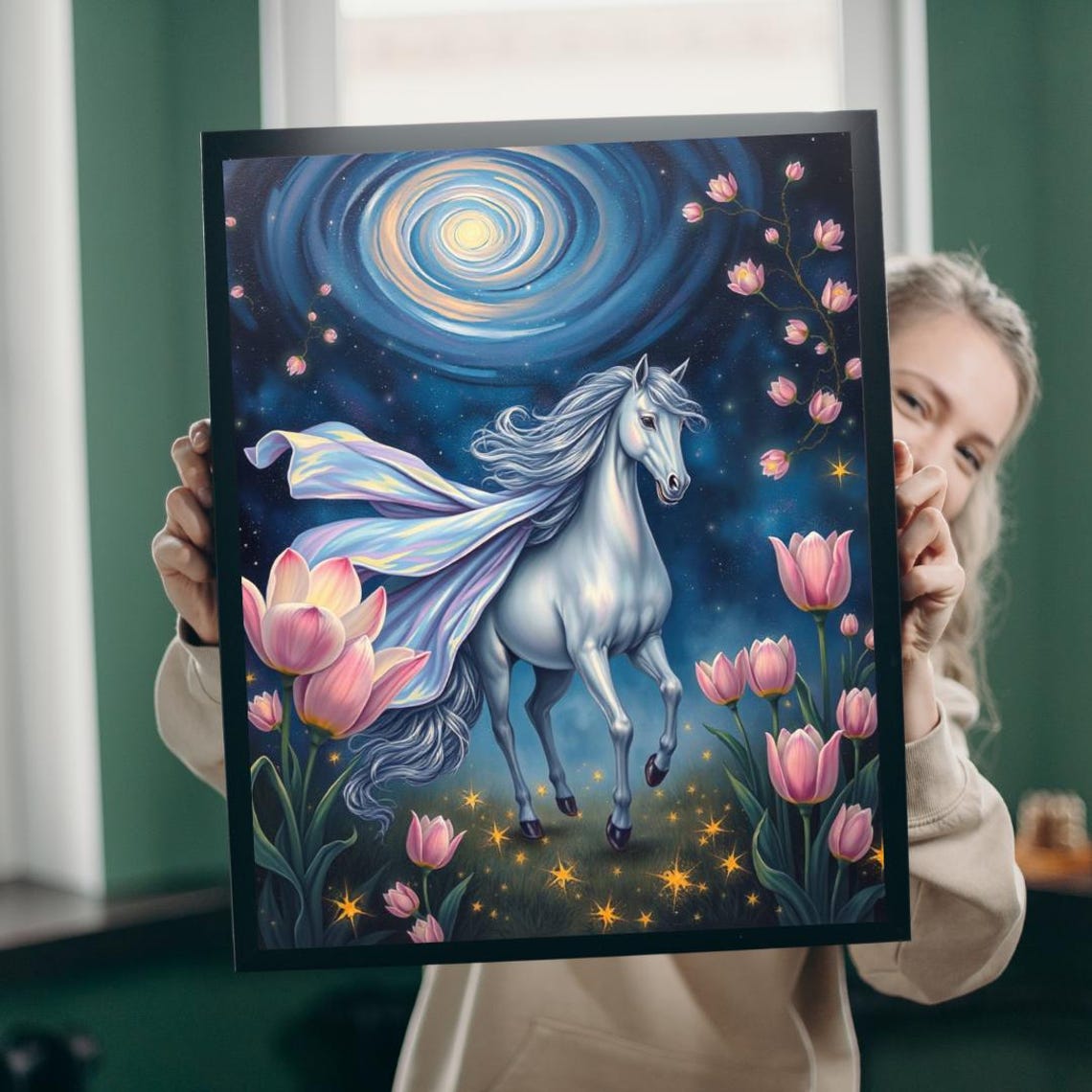 White Horse Under Swirling Moon Among Pink Tulips Night Art Poster