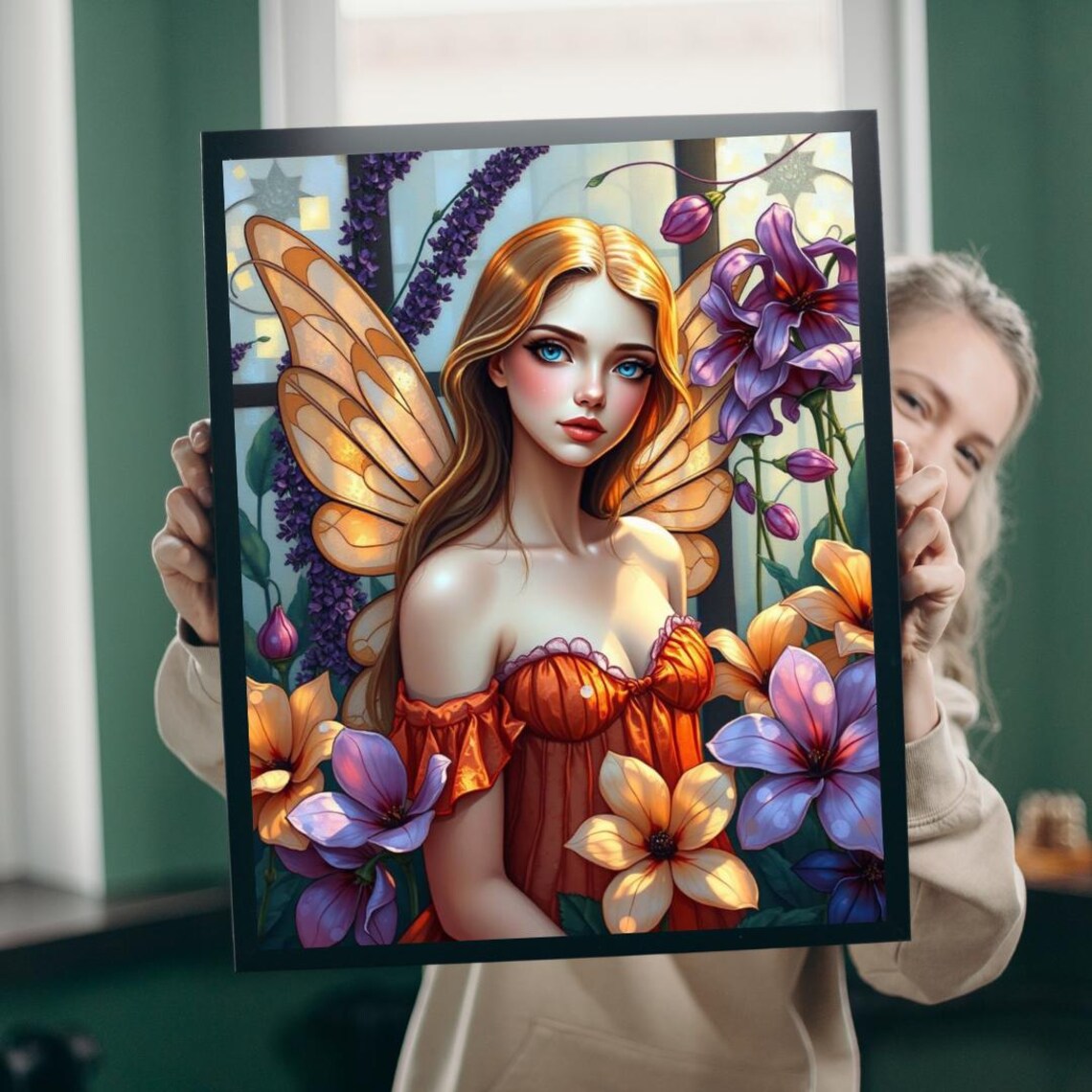 Fairy Amber Wings Purple Orange Flower Garden Fantasy Art Print