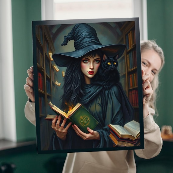 Gothic Witch Jigsaw Puzzle Black Cat Dark Library Art