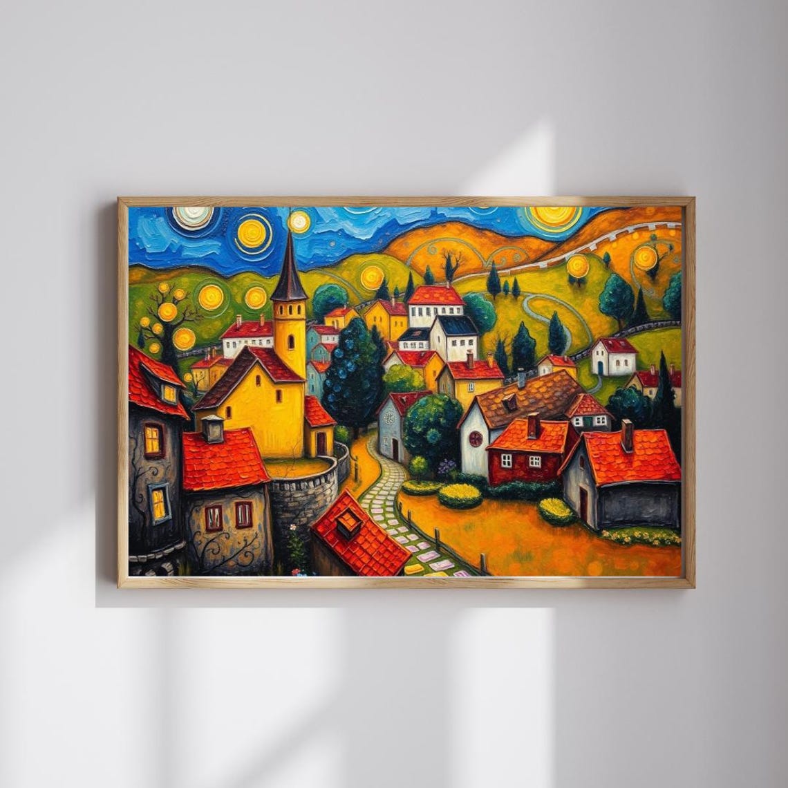 Starry Night Village Church Scenic Colorful Landscape Wall Art