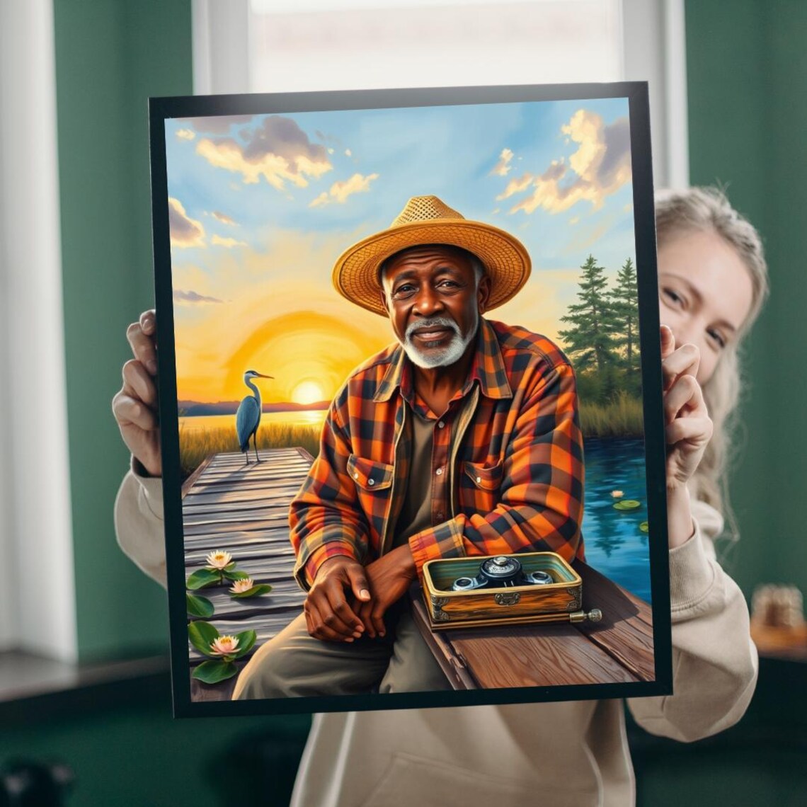 Sunset Fishing Dock Heron Peaceful Lake Angler Fisherman Poster