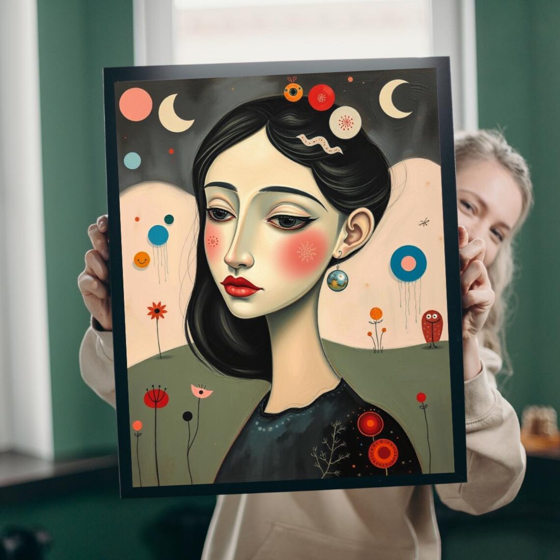 Surreal Folk Portrait of Woman With Moons and Flowers Art Poster