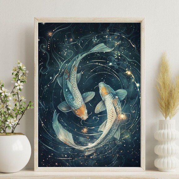 Pisces Zodiac Sign Koi Fish Yin Yang Astrology Starry Poster