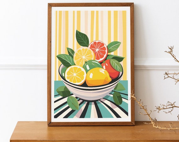 Bowl Of Lemon Wall Art Still Life Painting Maximalist Kitchen Vibrant Colours Summer Print Citrus Fruit Poster