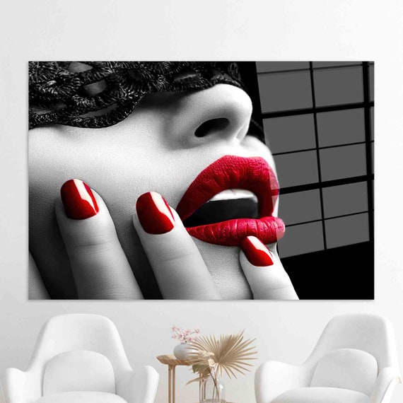 Beautiful Woman Glass Wall Art Red Lips And Nails Sensual Black White Decor Modern Glam Face Panel
