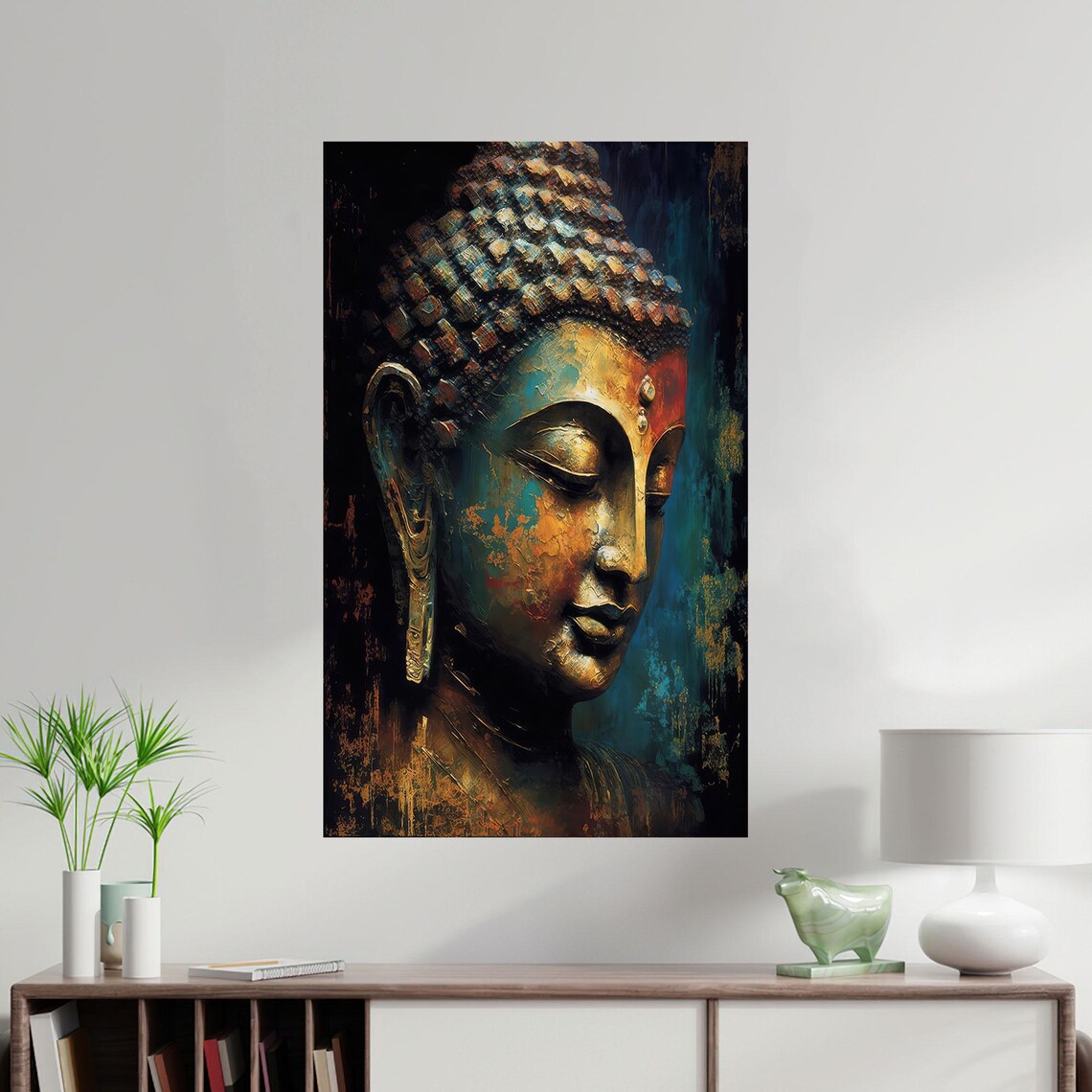 Buddha Head Painting Gold Teal Abstract Spiritual Face Print