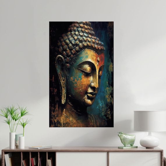 Buddha Head Painting Gold Teal Abstract Spiritual Face Print