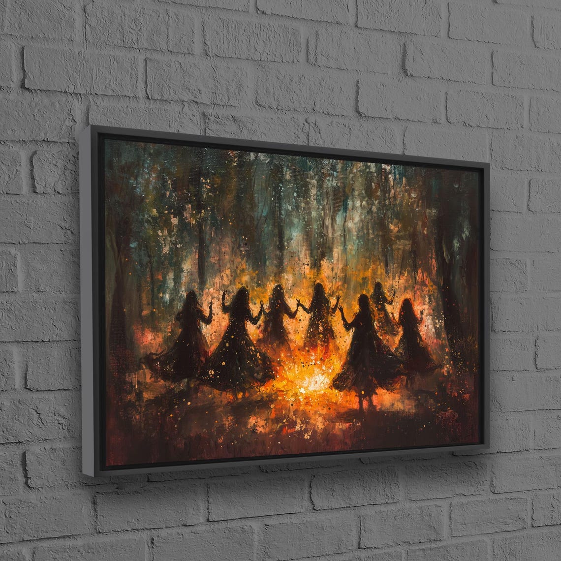 Dancing Silhouettes Around Fire Forest Night Mystical Painting Poster