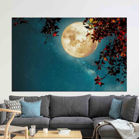 Full Moon Behind Autumn Leaves Starry Teal Night Sky Lunar Poster