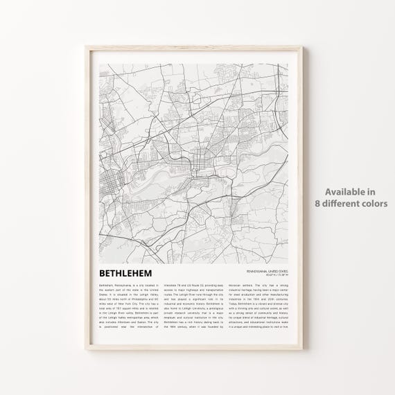 Bethlehem Map Print Travel Wall Decor Art Pennsylvania Housewarming Gift