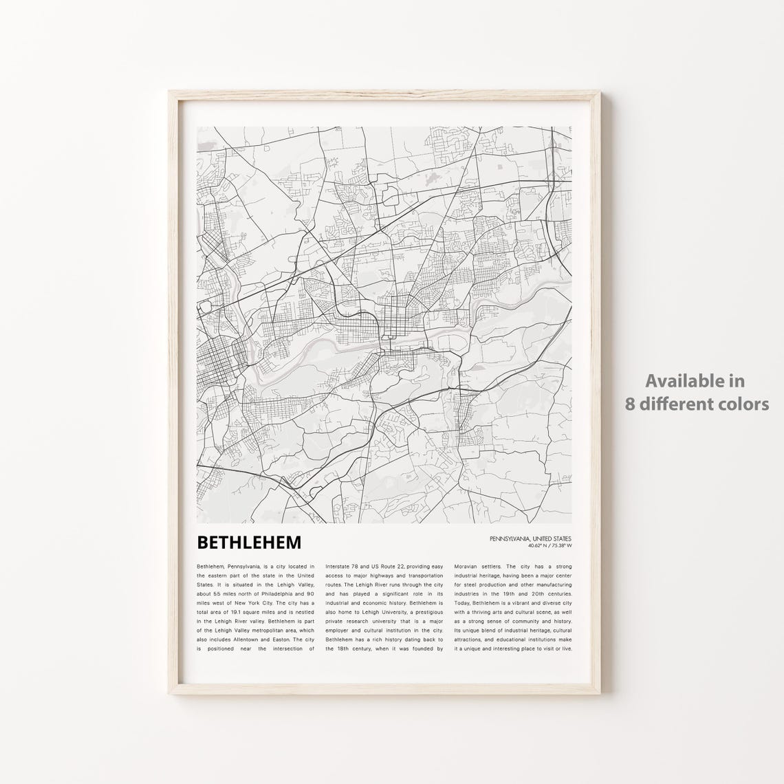 Bethlehem Map Print Travel Wall Decor Art Pennsylvania Housewarming Gift