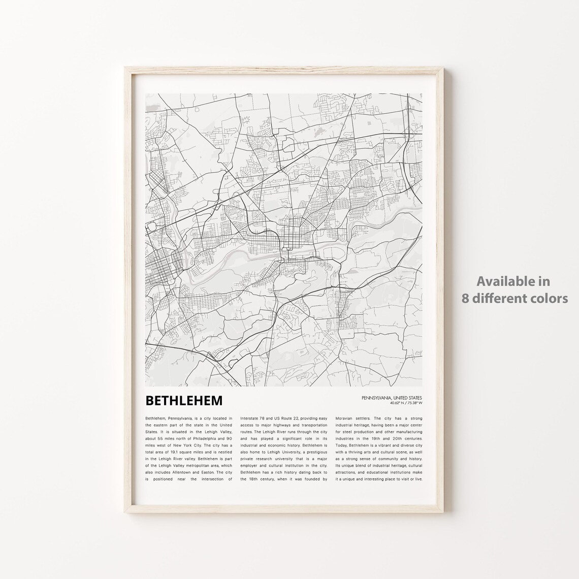 Bethlehem Pennsylvania Minimal City Street Map Travel Art Poster