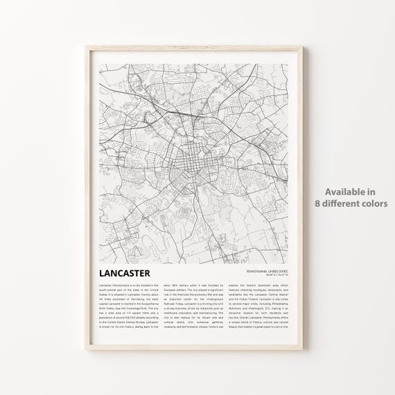 Lancaster Map Print Travel Wall Decor Art Pennsylvania Housewarming Gift