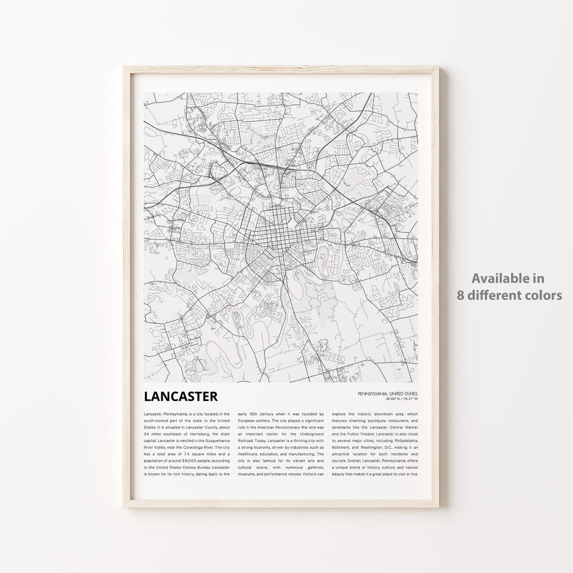 Lancaster Map Print Travel Wall Decor Art Pennsylvania Housewarming Gift