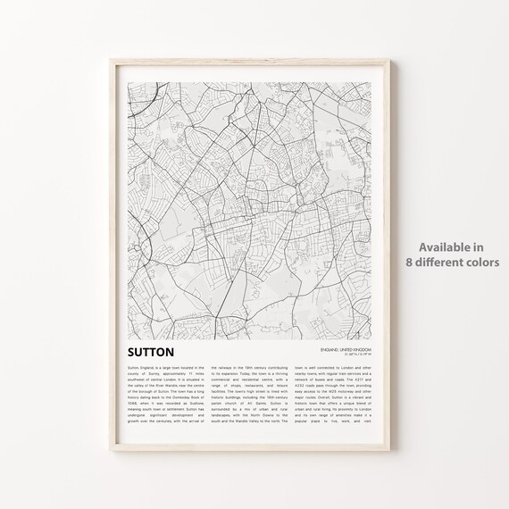 Sutton England Minimalist Street Map Poster Surrey Travel Home Decor