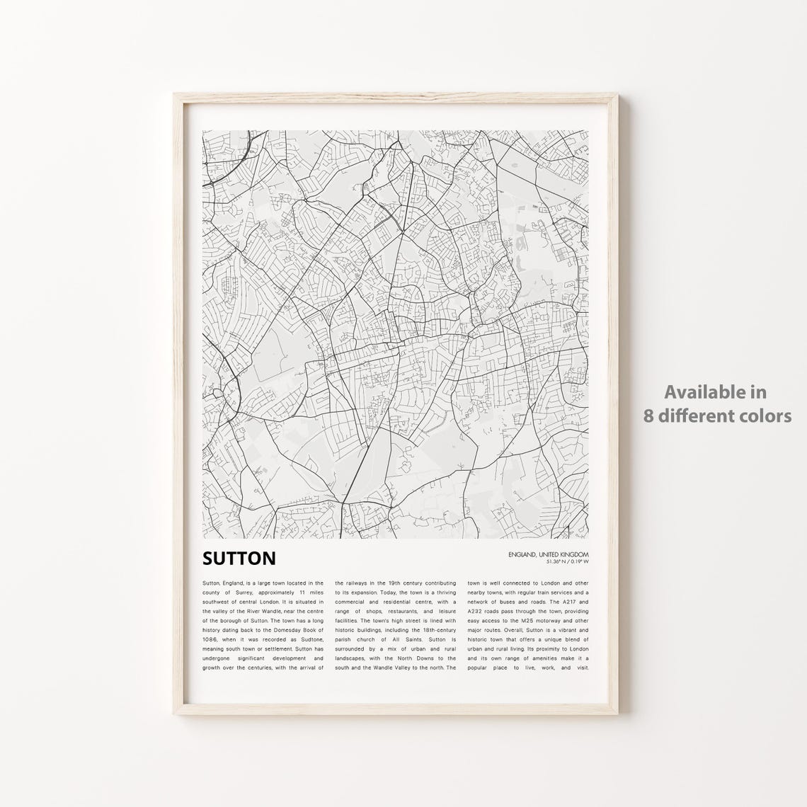Sutton England Minimalist Street Map Poster Surrey Travel Home Decor