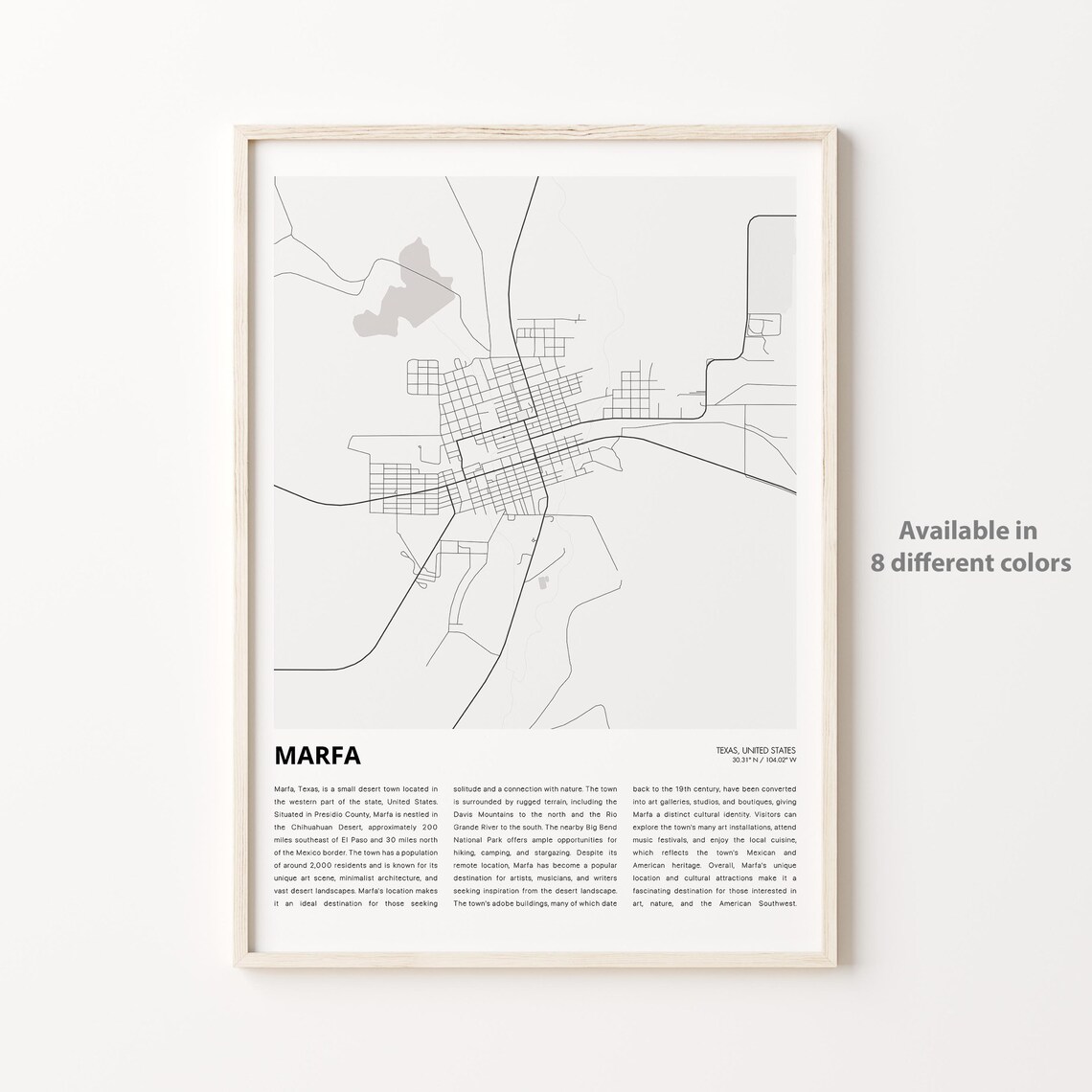 Marfa Texas City Map Poster Minimalist Desert Art Town Street Art