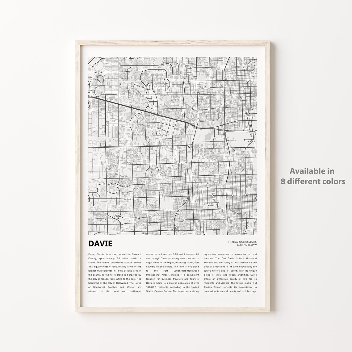 Davie Florida Minimalist Black White City Street Map Travel Poster