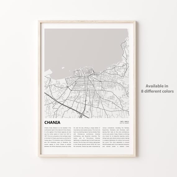 Chania Map Print Travel Wall Decor Art Crete Housewarming Gift