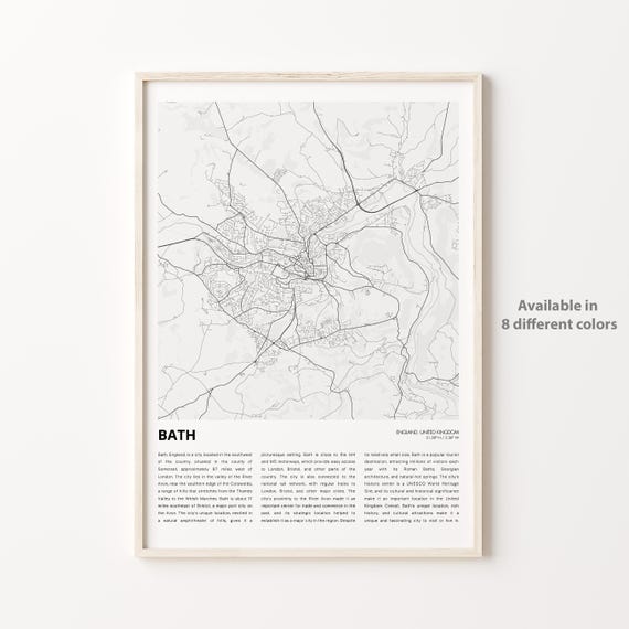 Bath Map Print, England Travel Poster Art