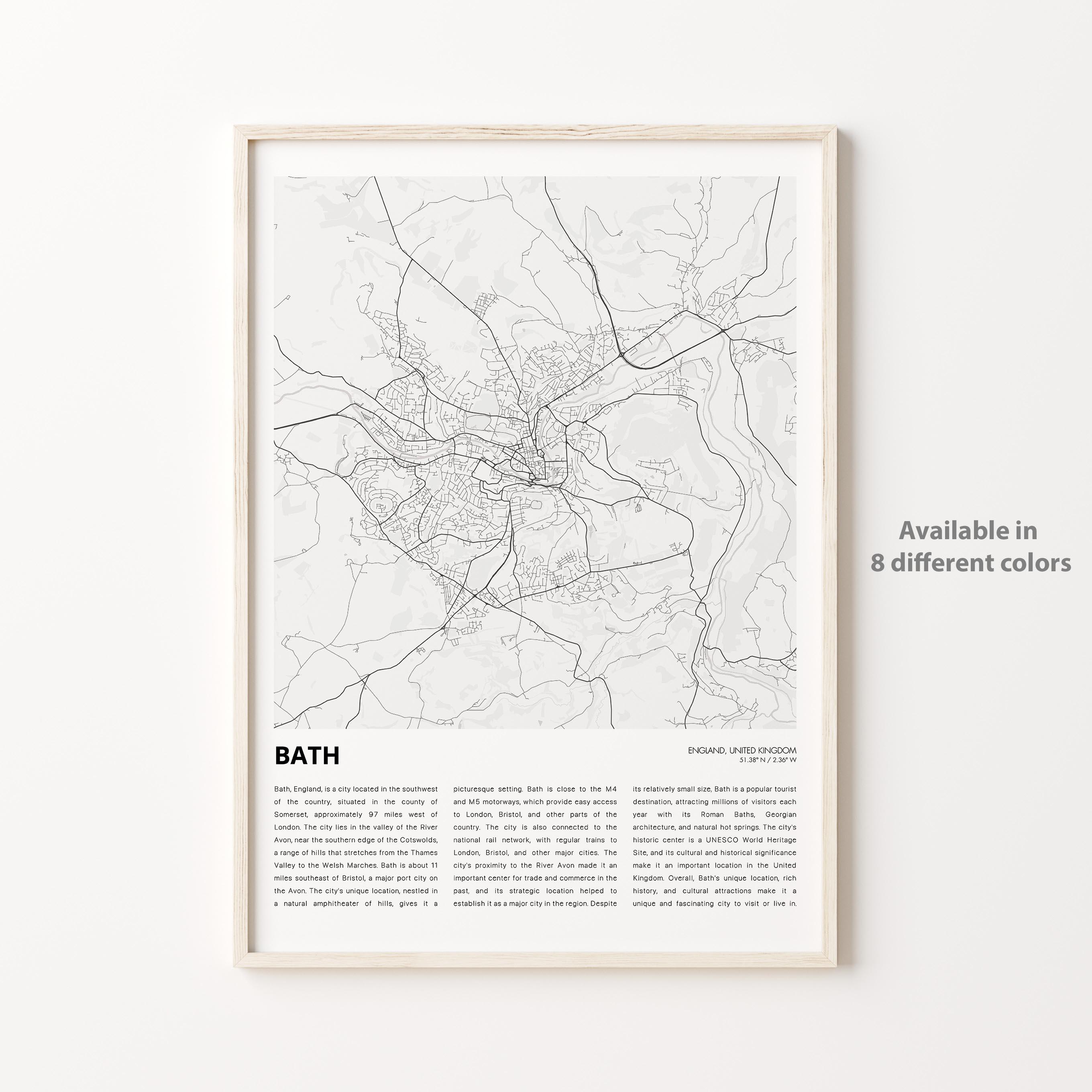 Bath Map Print, England Travel Poster Art