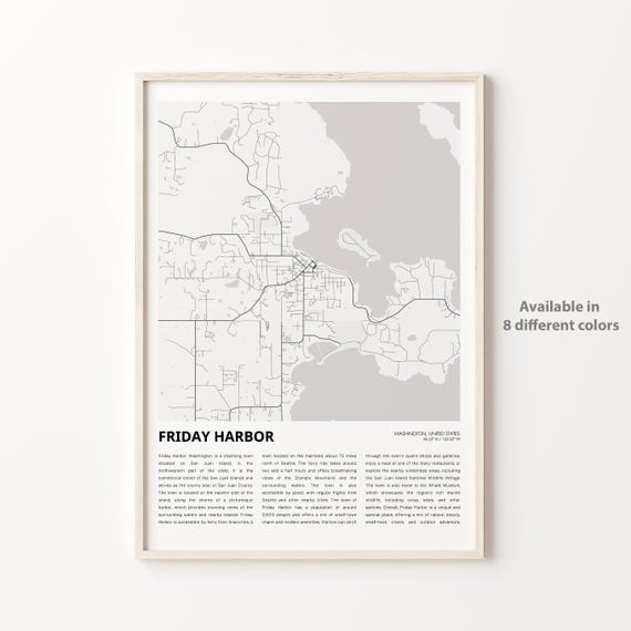 Friday Harbor Map Print Travel Wall Decor Art Washington Housewarming Gift