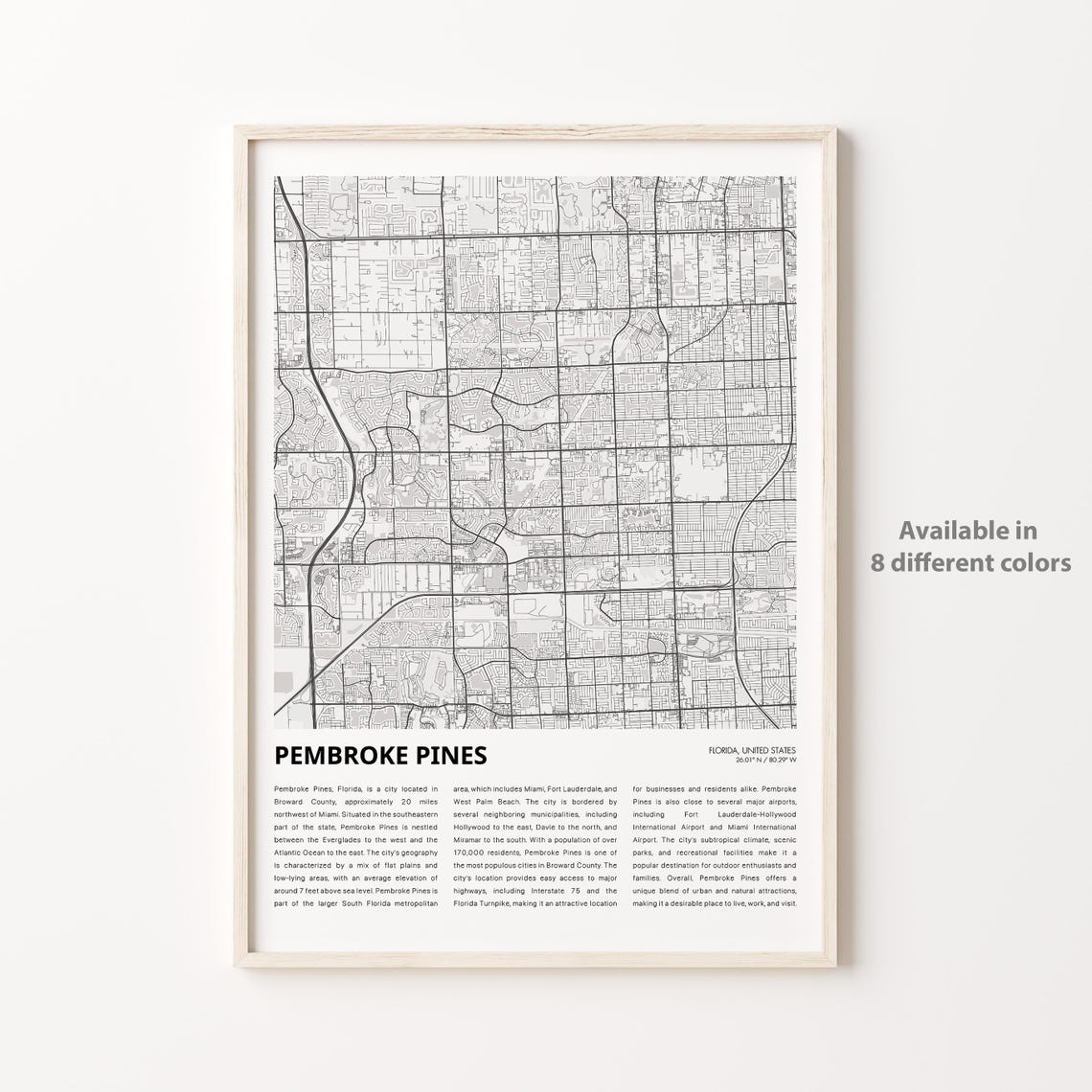 Pembroke Pines Florida USA Minimalist Black and White City Map Poster