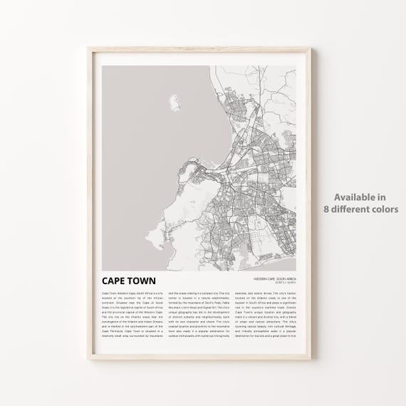 Cape Town Map Print Travel Wall Decor Art Western Housewarming Gift