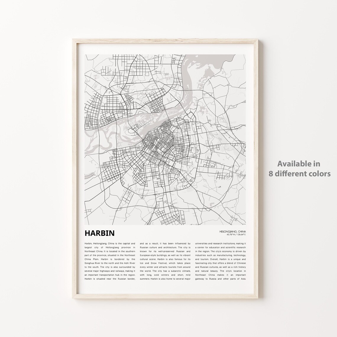 Harbin China Minimalist Black and White City Map Poster Travel Gift