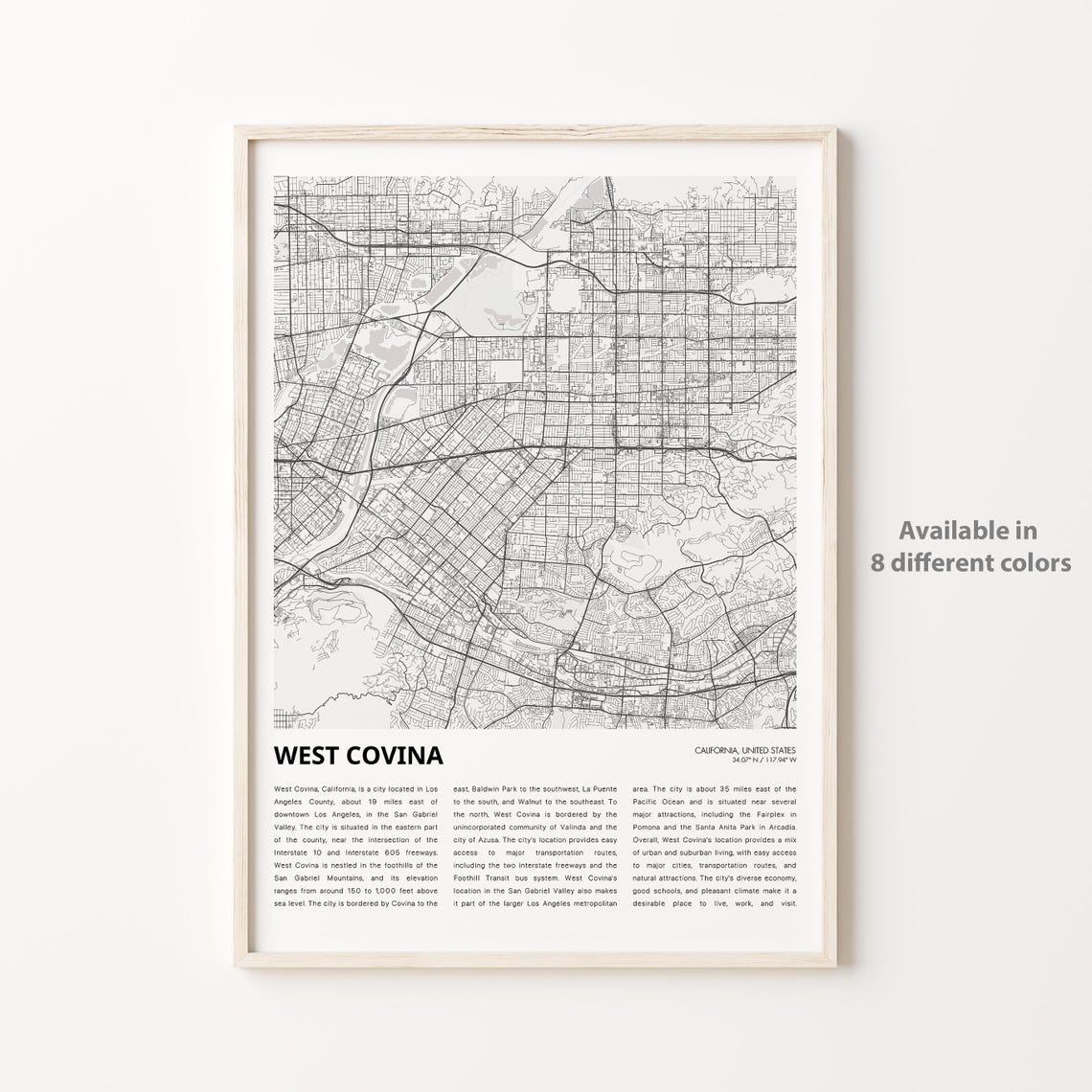 West Covina California Minimalist City Street Map Line Art Decor Poster