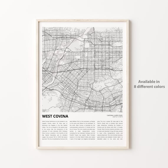 West Covina California Minimalist City Street Map Line Art Decor Poster