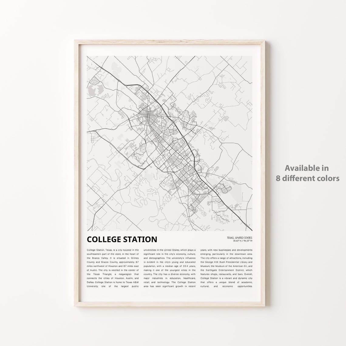 College Station Map Print Travel Wall Decor Art Texas Housewarming Gift