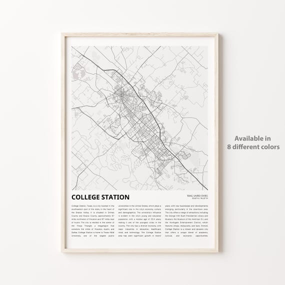College Station Map Print Travel Wall Decor Art Texas Housewarming Gift