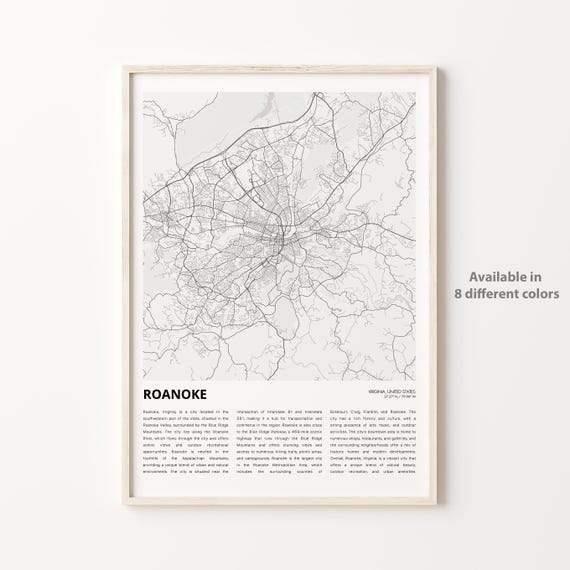 Roanoke Virginia Blue Ridge Mountains City Street Map Travel Poster